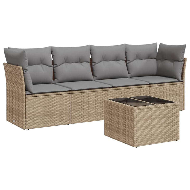 5 Piece Garden Sofa Set with Cushions Beige Poly Rattan