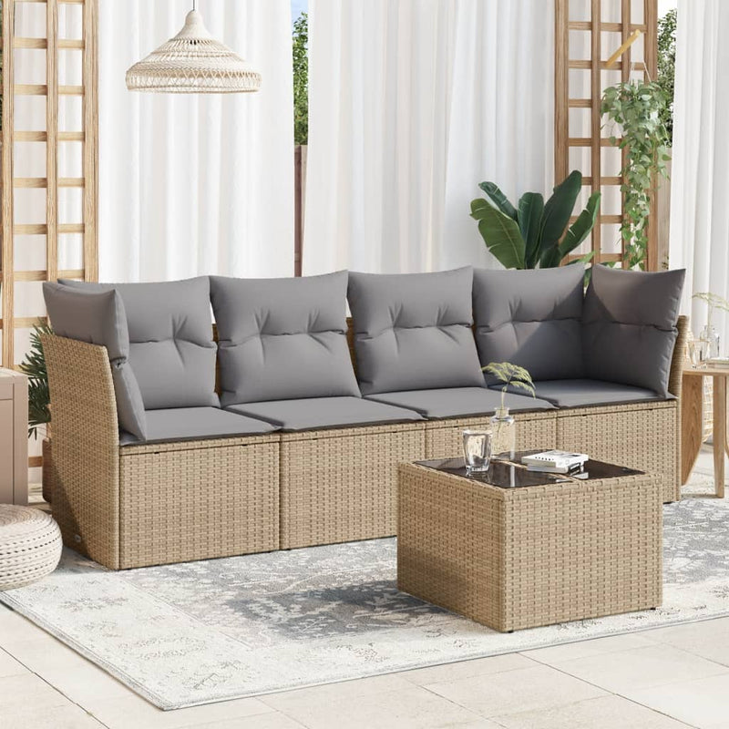 5 Piece Garden Sofa Set with Cushions Beige Poly Rattan