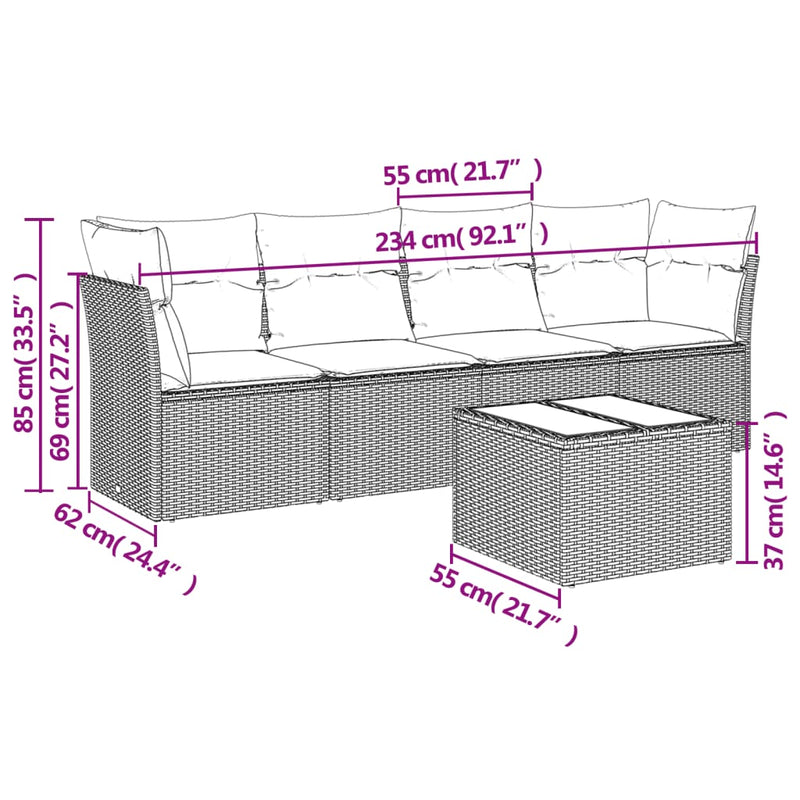 vidaXL 5 Piece Garden Sofa Set with Cushions Grey Poly Rattan