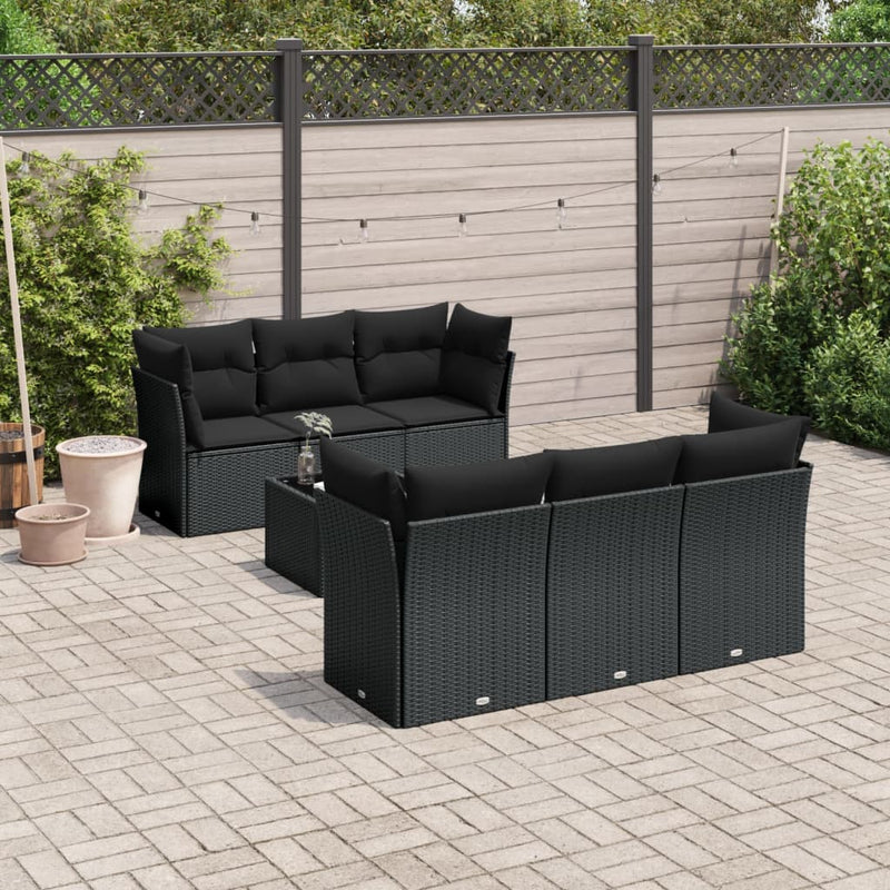 vidaXL 7 Piece Garden Sofa Set with Cushions Black Poly Rattan