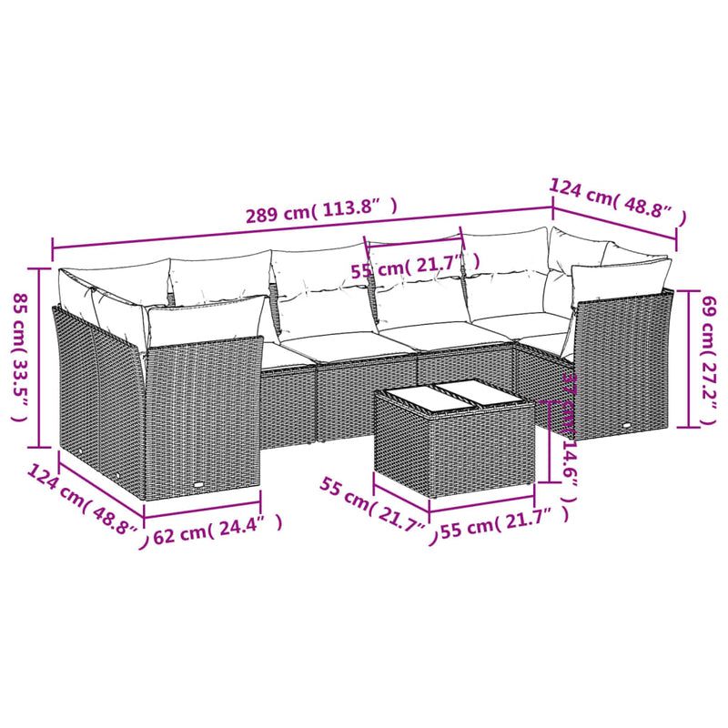 vidaXL 8 Piece Garden Sofa Set with Cushions Grey Poly Rattan