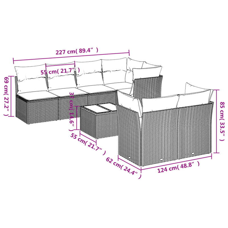 vidaXL 8 Piece Garden Sofa Set with Cushions Grey Poly Rattan