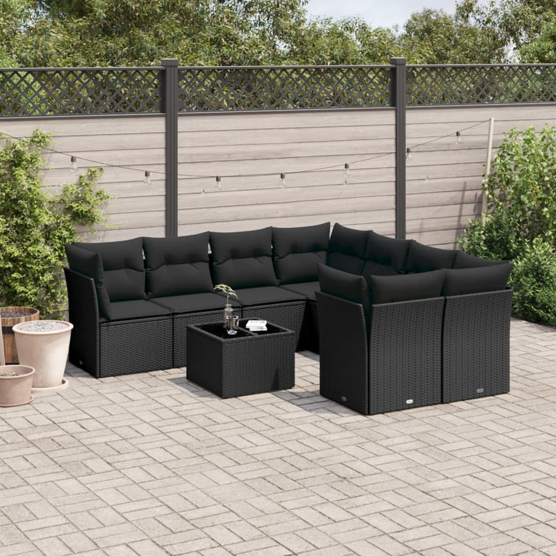vidaXL 9 Piece Garden Sofa Set with Cushions Black Poly Rattan