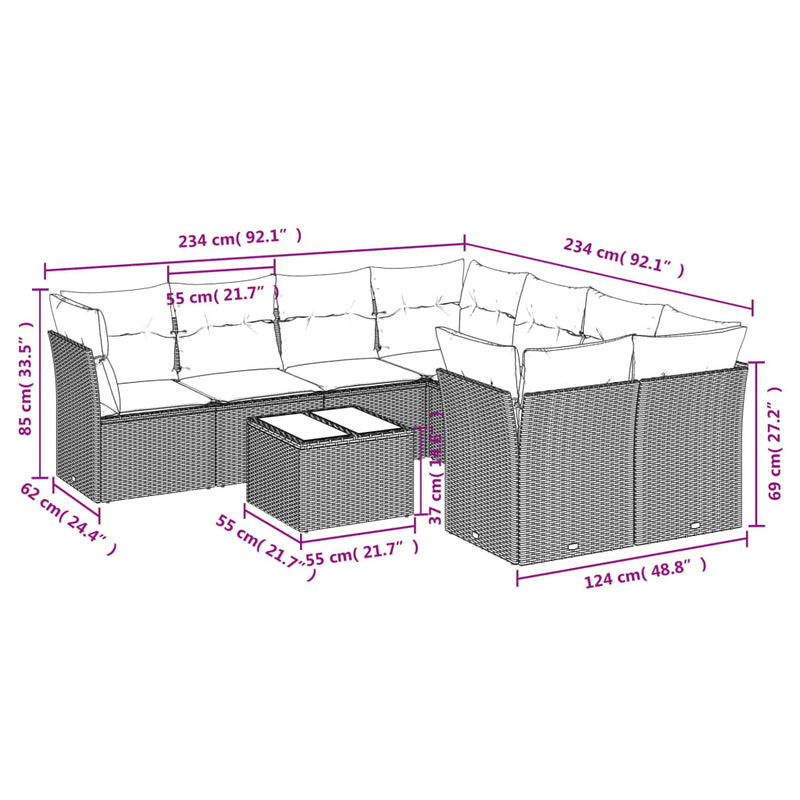 vidaXL 9 Piece Garden Sofa Set with Cushions Grey Poly Rattan