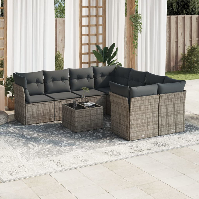 9 Piece Garden Sofa Set with Cushions Grey Poly Rattan