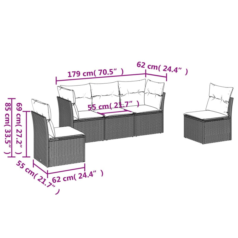vidaXL 5 Piece Garden Sofa Set with Cushions Black Poly Rattan