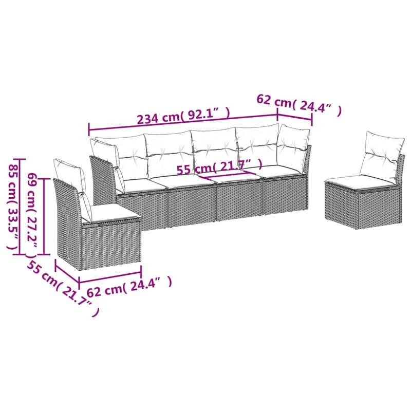 vidaXL 6 Piece Garden Sofa Set with Cushions Grey Poly Rattan