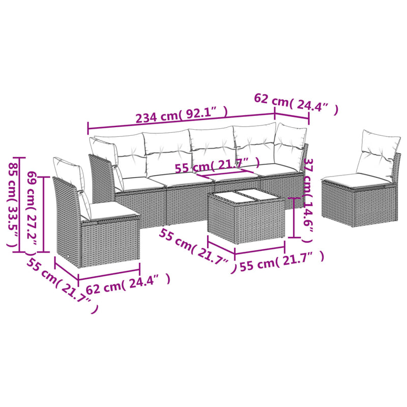 vidaXL 7 Piece Garden Sofa Set with Cushions Grey Poly Rattan
