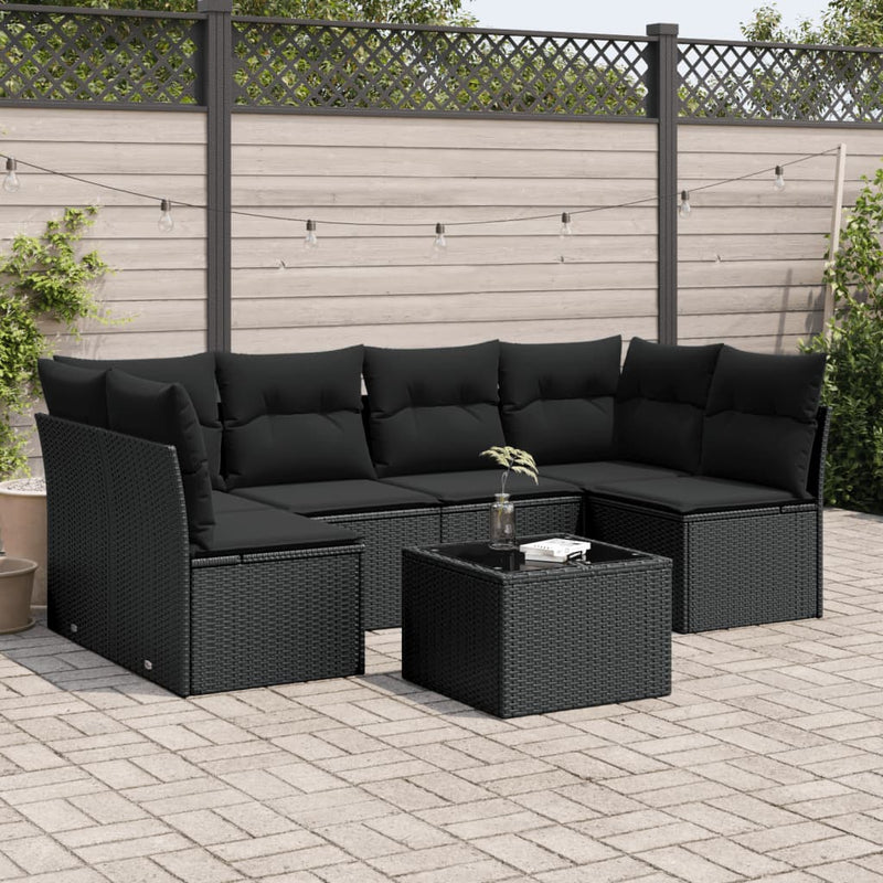 vidaXL 7 Piece Garden Sofa Set with Cushions Black Poly Rattan