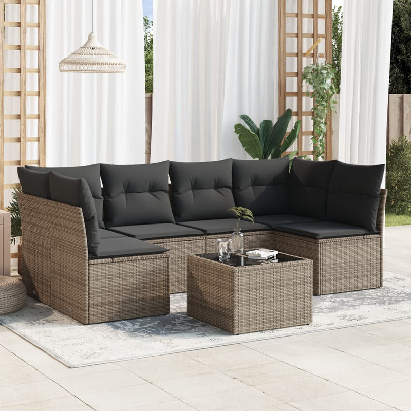 7 Piece Garden Sofa Set with Cushions Grey Poly Rattan