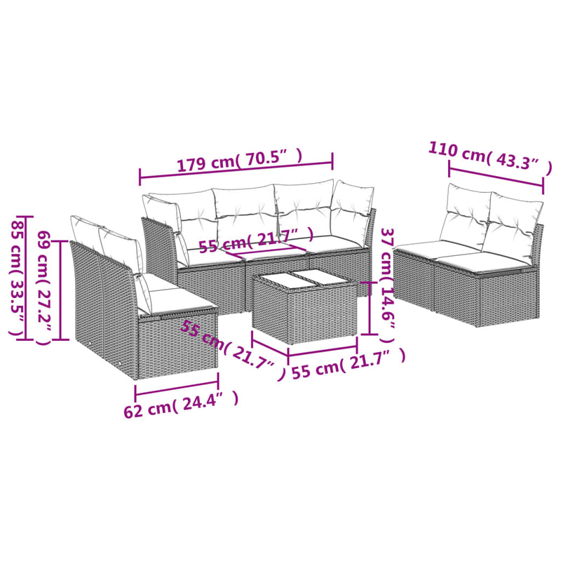 vidaXL 8 Piece Garden Sofa Set with Cushions Grey Poly Rattan