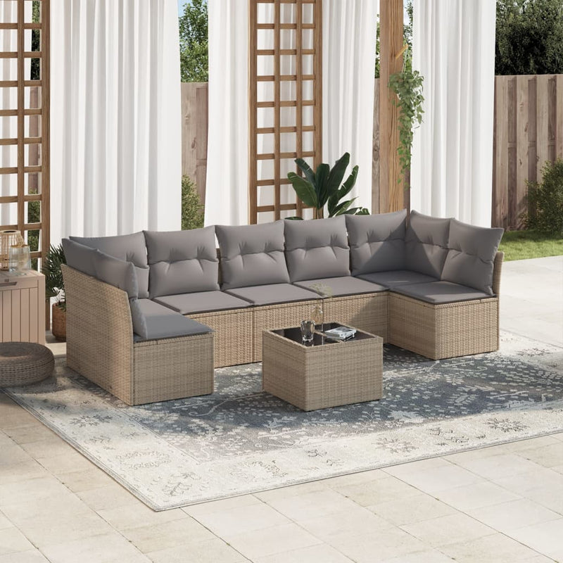 8 Piece Garden Sofa Set with Cushions Beige Poly Rattan