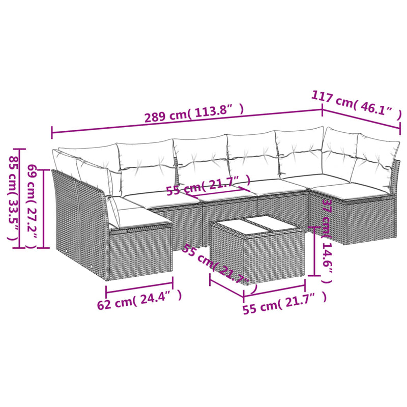 vidaXL 8 Piece Garden Sofa Set with Cushions Grey Poly Rattan