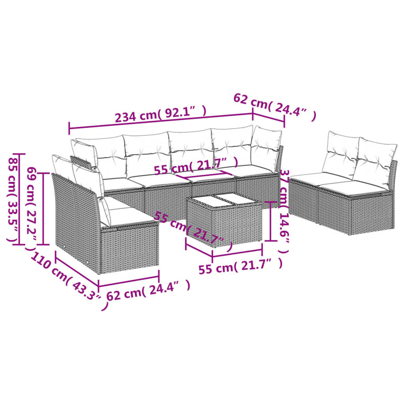 vidaXL 9 Piece Garden Sofa Set with Cushions Grey Poly Rattan
