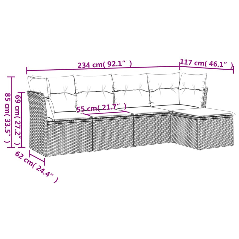 5 Piece Garden Sofa Set with Cushions Grey Poly Rattan