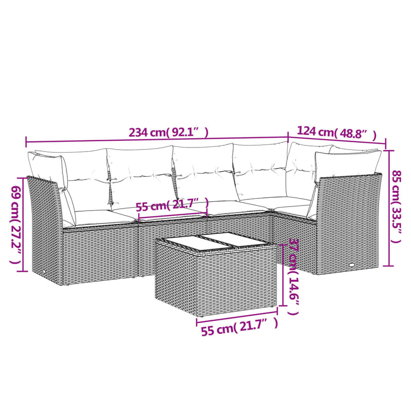 vidaXL 6 Piece Garden Sofa Set with Cushions Grey Poly Rattan