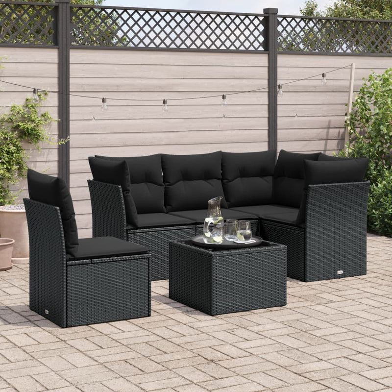 vidaXL 6 Piece Garden Sofa Set with Cushions Black Poly Rattan