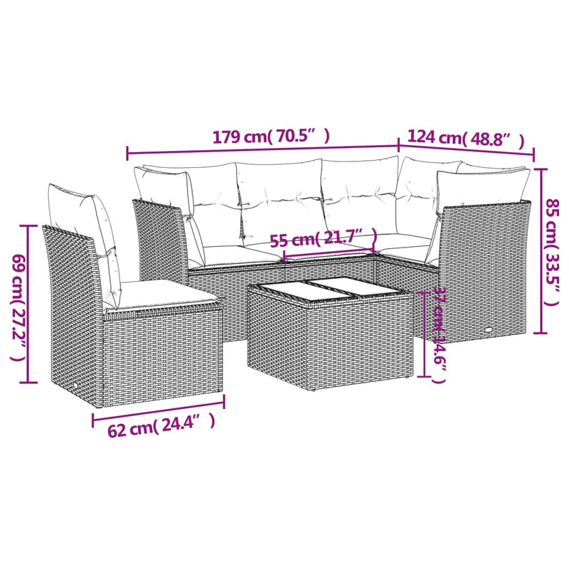 vidaXL 6 Piece Garden Sofa Set with Cushions Grey Poly Rattan