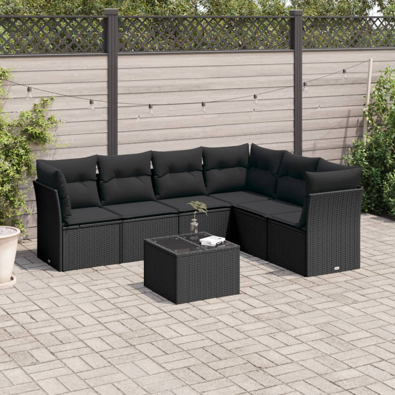 vidaXL 7 Piece Garden Sofa Set with Cushions Black Poly Rattan