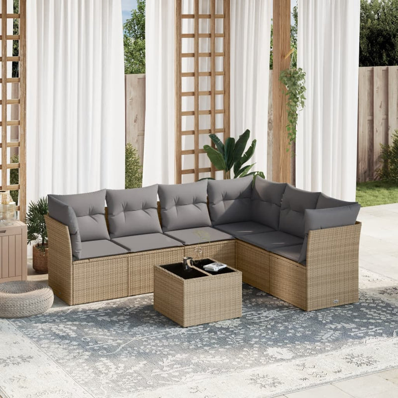 vidaXL 7 Piece Garden Sofa Set with Cushions Beige Poly Rattan