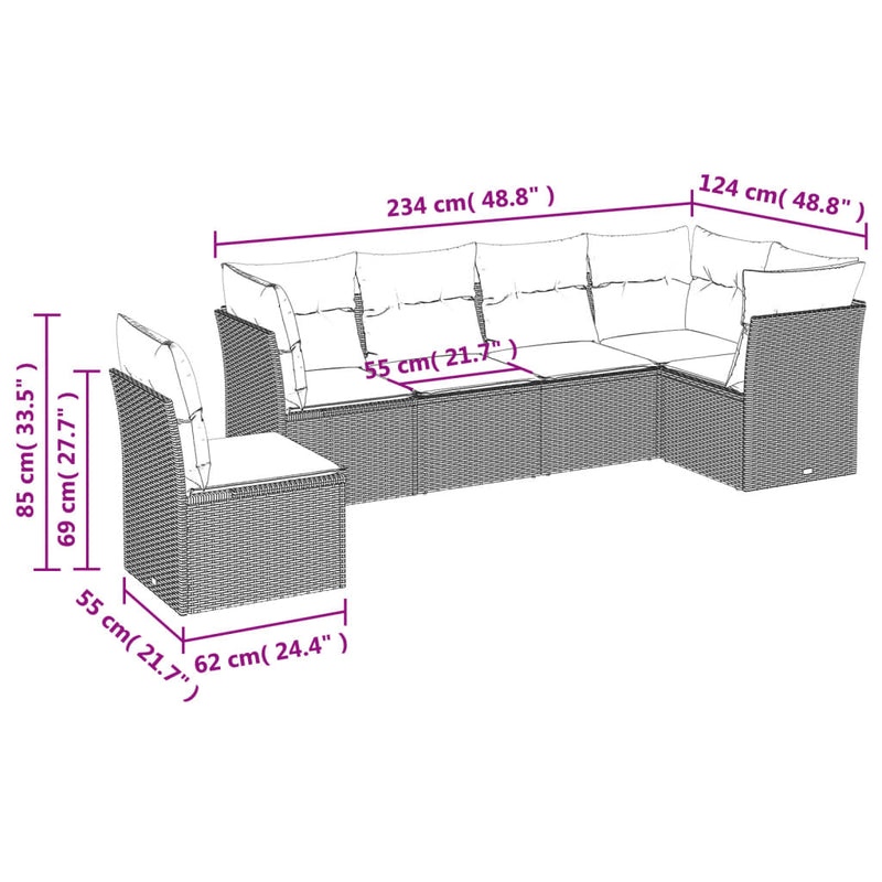 vidaXL 6 Piece Garden Sofa Set with Cushions Grey Poly Rattan