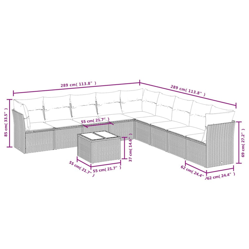 vidaXL 10 Piece Garden Sofa Set with Cushions Grey Poly Rattan