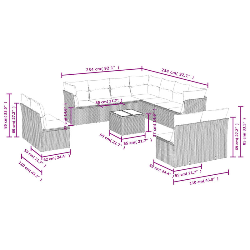 vidaXL 12 Piece Garden Sofa Set with Cushions Black Poly Rattan
