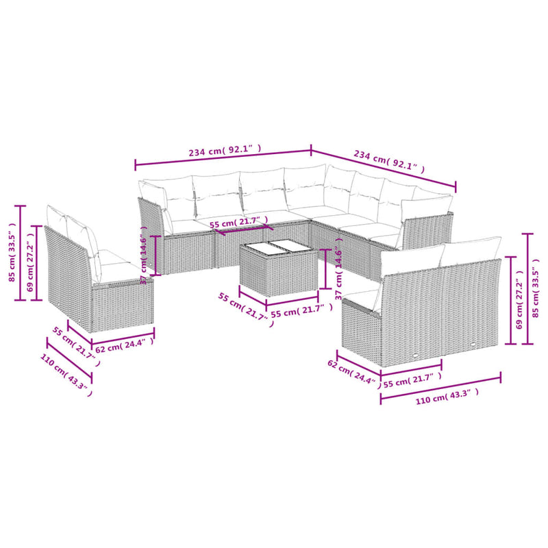vidaXL 12 Piece Garden Sofa Set with Cushions Grey Poly Rattan