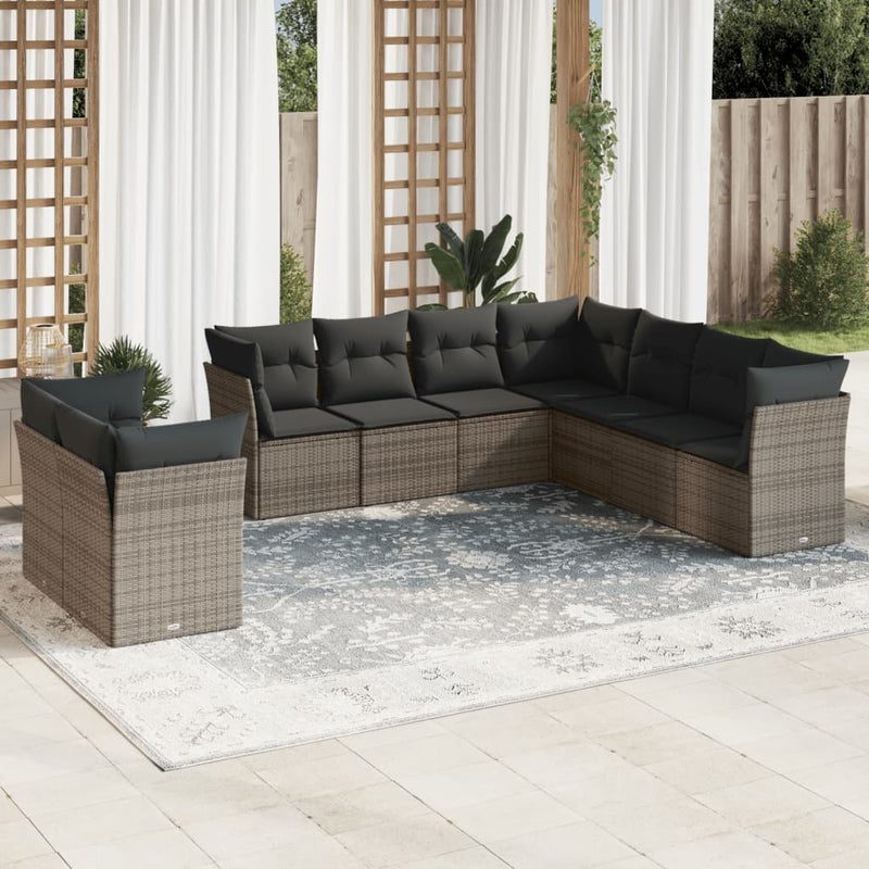 vidaXL 9 Piece Garden Sofa Set with Cushions Grey Poly Rattan