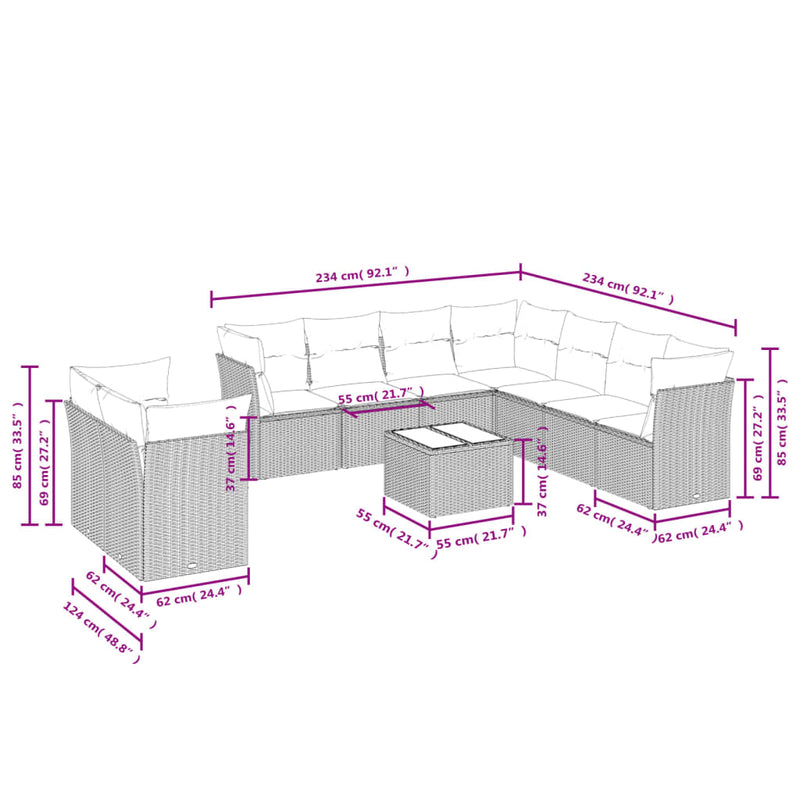 vidaXL 10 Piece Garden Sofa Set with Cushions Grey Poly Rattan