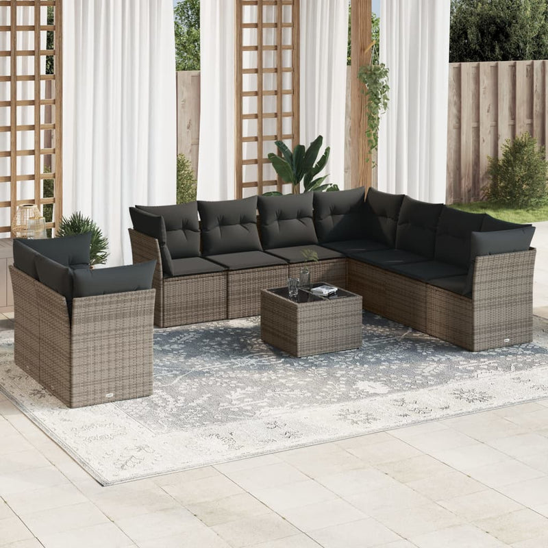 vidaXL 10 Piece Garden Sofa Set with Cushions Grey Poly Rattan