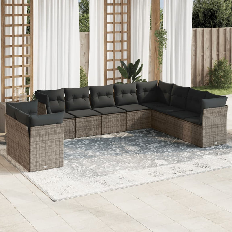 10 Piece Garden Sofa Set with Cushions Grey Poly Rattan