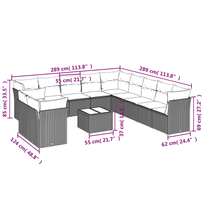 vidaXL 12 Piece Garden Sofa Set with Cushions Grey Poly Rattan