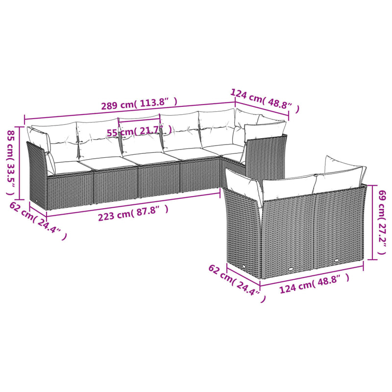 vidaXL 8 Piece Garden Sofa Set with Cushions Grey Poly Rattan