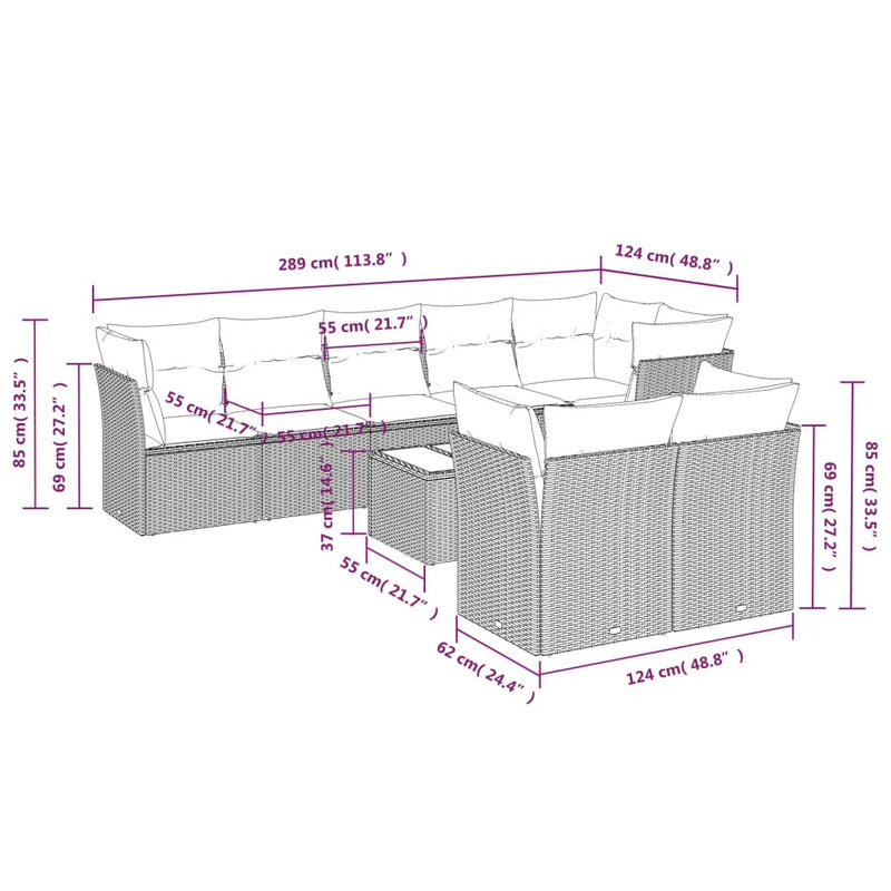 vidaXL 9 Piece Garden Sofa Set with Cushions Black Poly Rattan