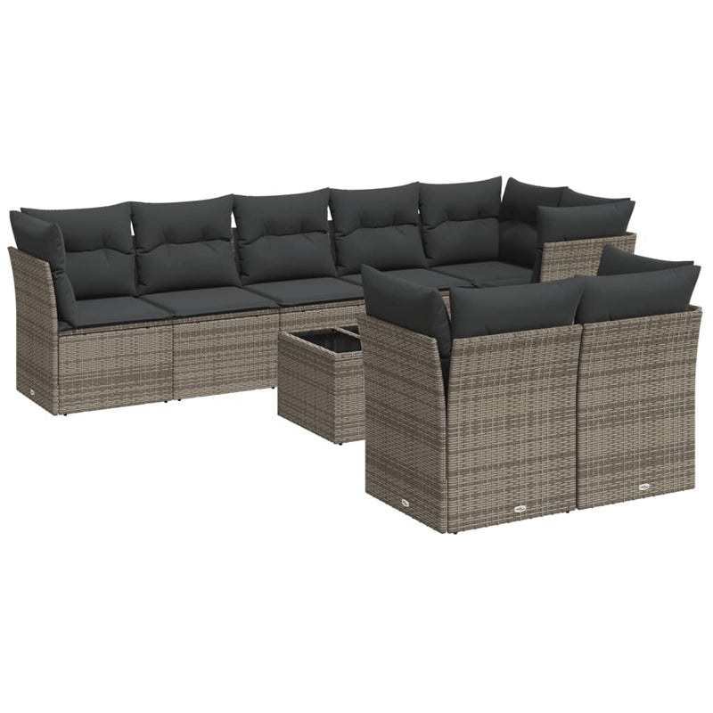 9 Piece Garden Sofa Set with Cushions Grey Poly Rattan