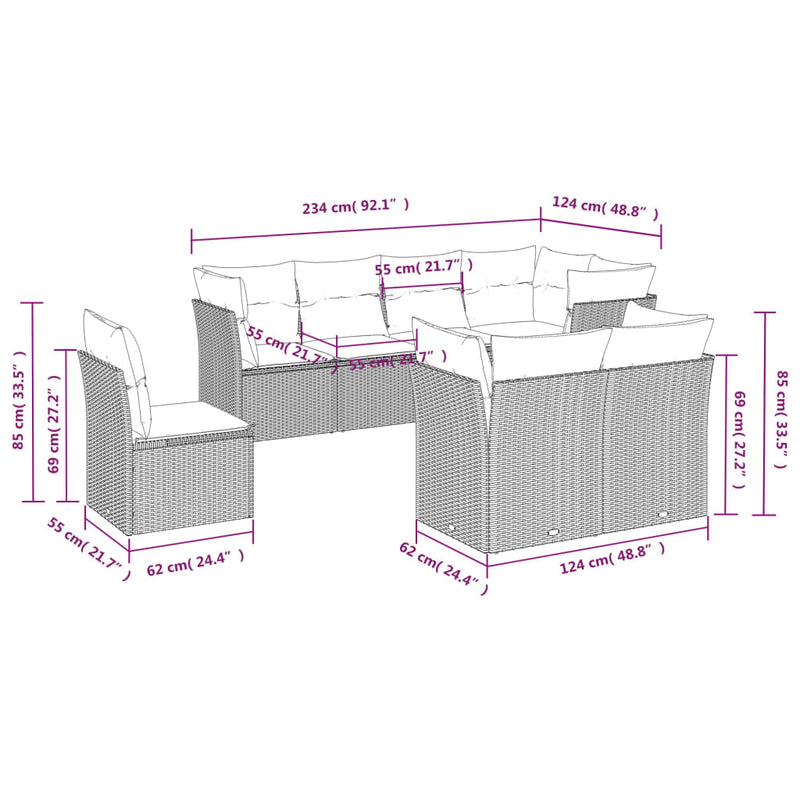 8 Piece Garden Sofa Set with Cushions Grey Poly Rattan