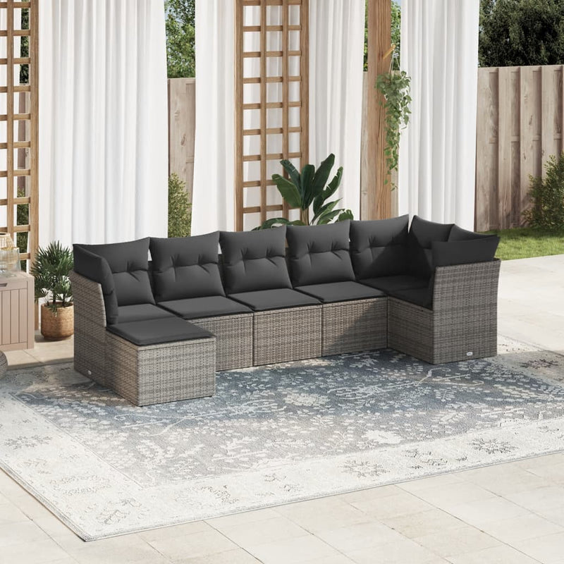 7 Piece Garden Sofa Set with Cushions Grey Poly Rattan