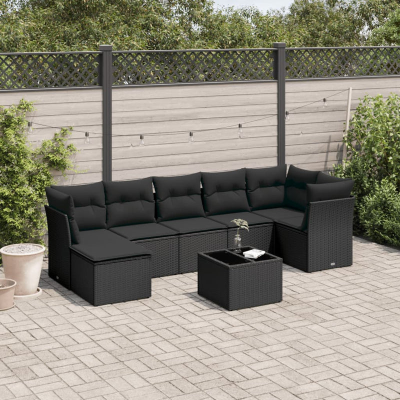 8 Piece Garden Sofa Set with Cushions Black Poly Rattan