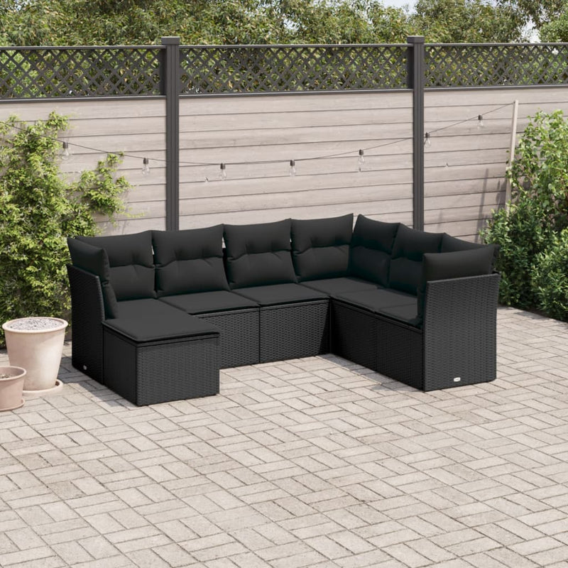 vidaXL 7 Piece Garden Sofa Set with Cushions Black Poly Rattan