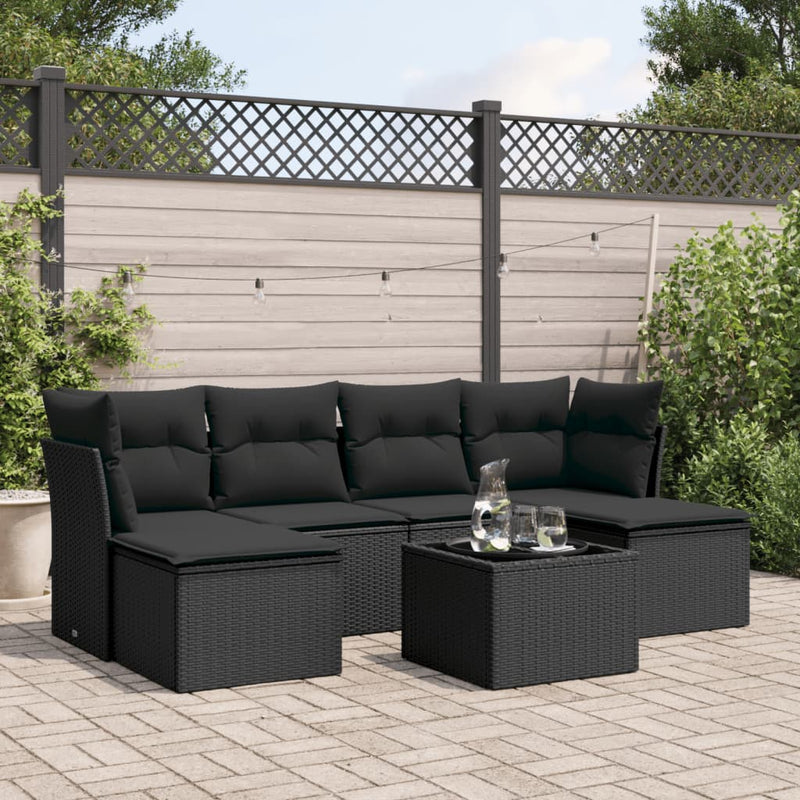 vidaXL 7 Piece Garden Sofa Set with Cushions Black Poly Rattan