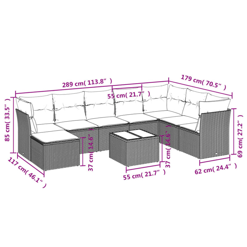 vidaXL 9 Piece Garden Sofa Set with Cushions Grey Poly Rattan