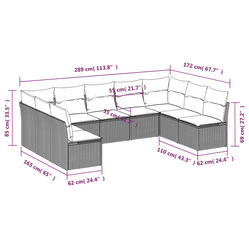 vidaXL 9 Piece Garden Sofa Set with Cushions Grey Poly Rattan