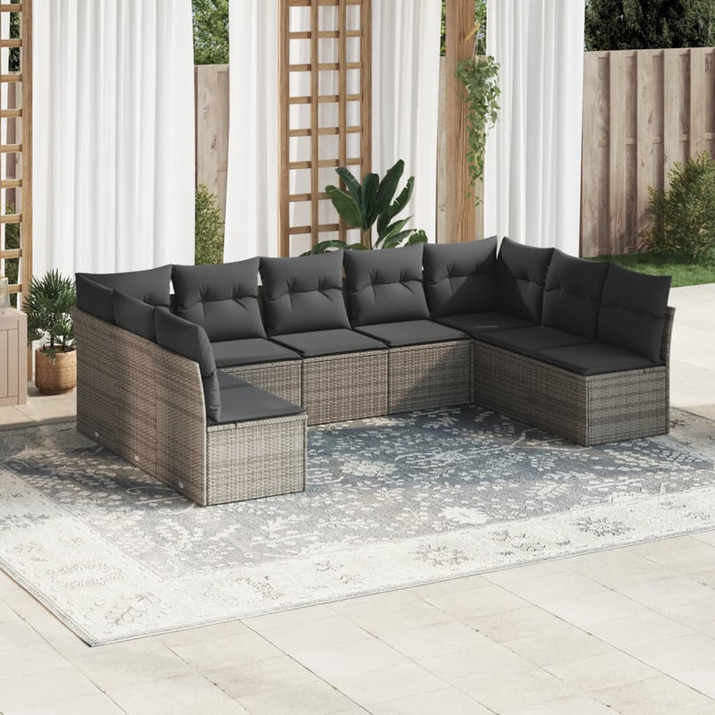 9 Piece Garden Sofa Set with Cushions Grey Poly Rattan