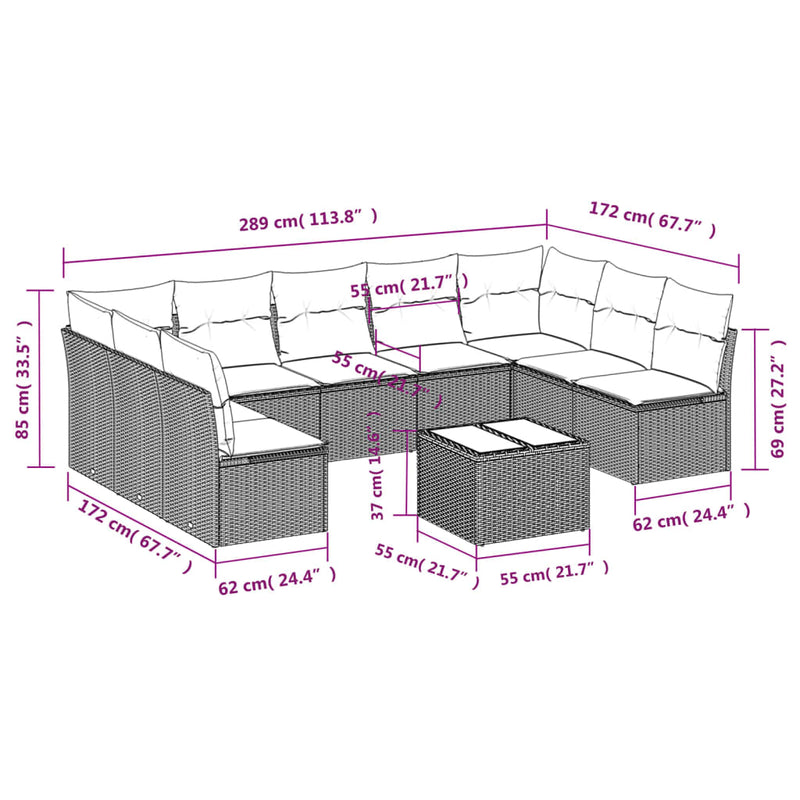 vidaXL 10 Piece Garden Sofa Set with Cushions Grey Poly Rattan