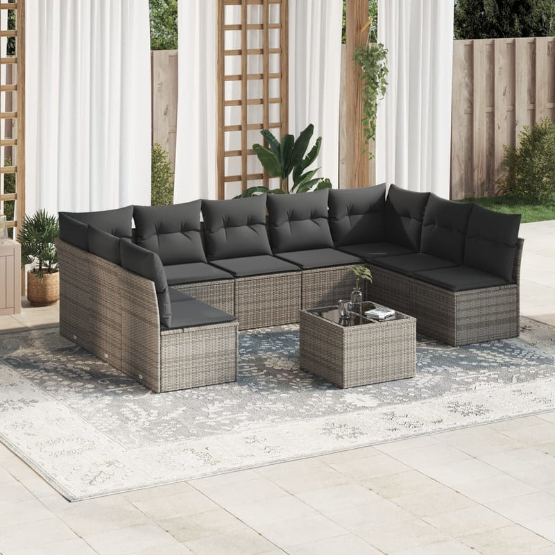 vidaXL 10 Piece Garden Sofa Set with Cushions Grey Poly Rattan