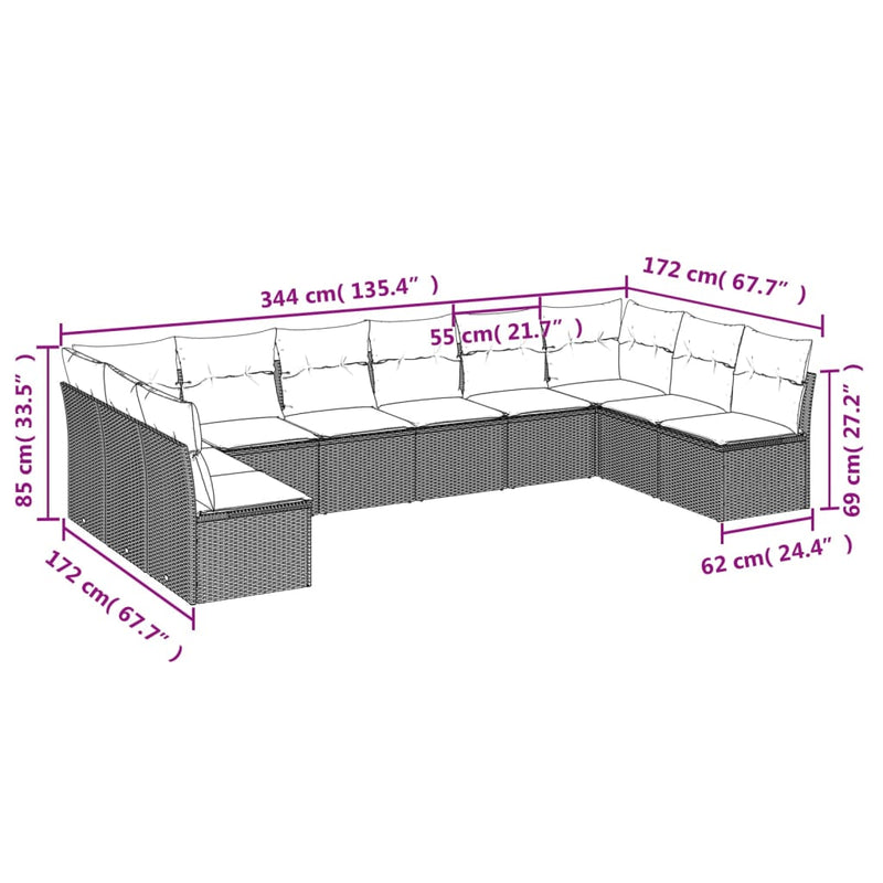 vidaXL 10 Piece Garden Sofa Set with Cushions Grey Poly Rattan