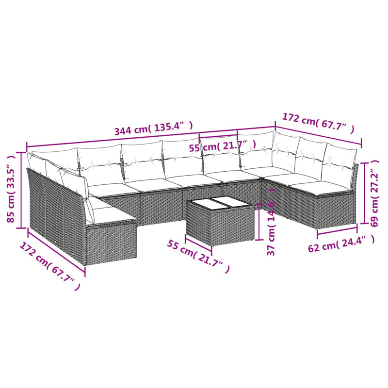vidaXL 11 Piece Garden Sofa Set with Cushions Grey Poly Rattan