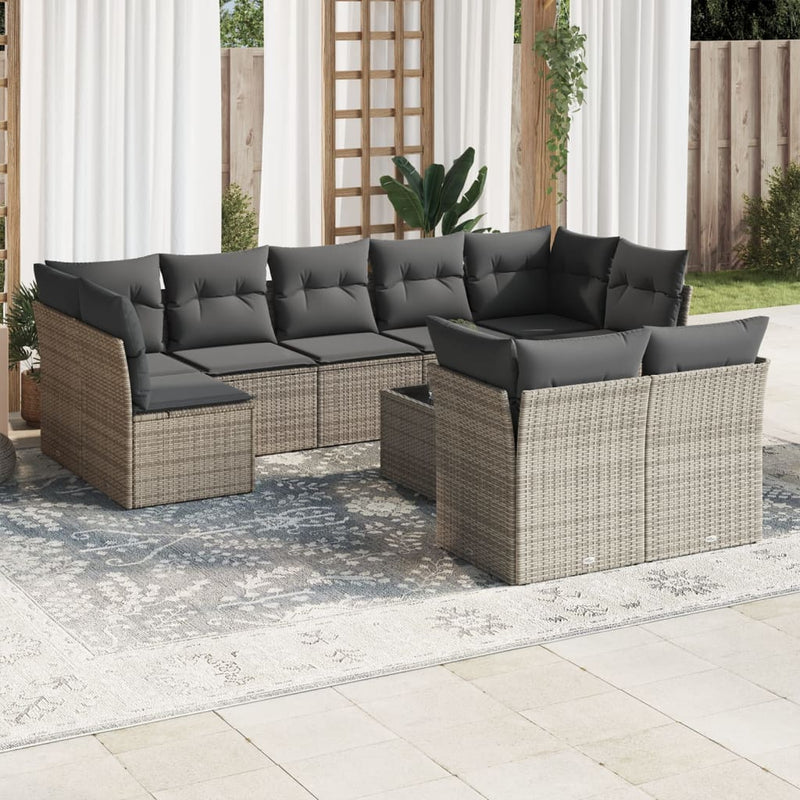 vidaXL 10 Piece Garden Sofa Set with Cushions Grey Poly Rattan