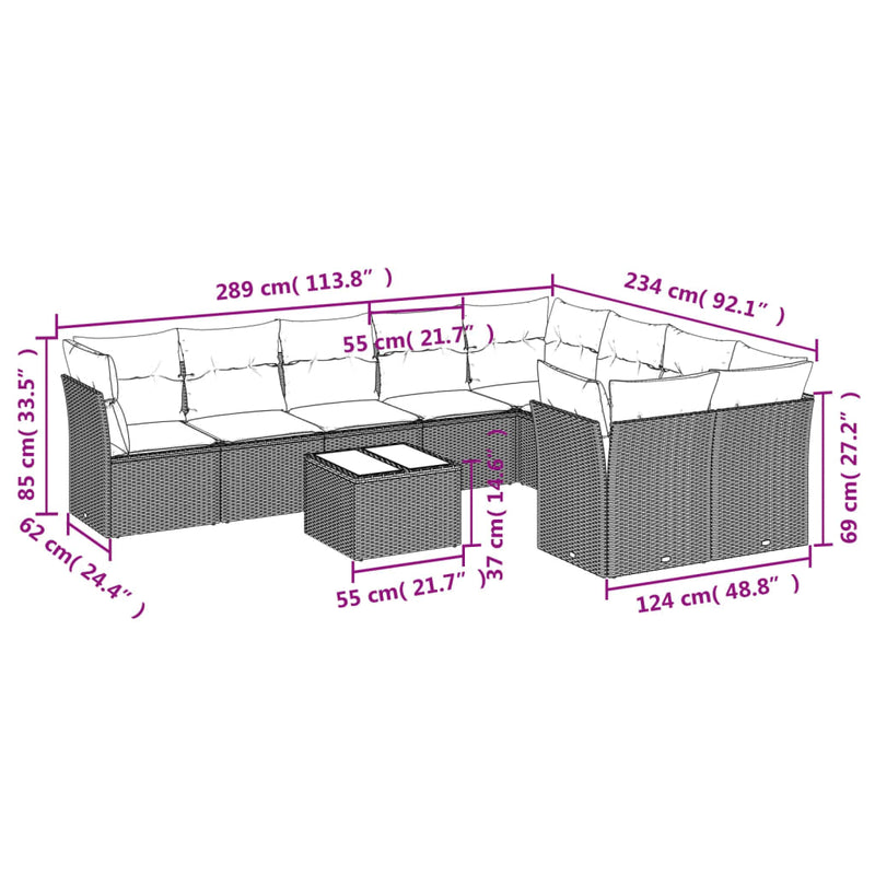vidaXL 10 Piece Garden Sofa Set with Cushions Grey Poly Rattan